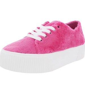 Jessica Simpson pink fur platform shoes